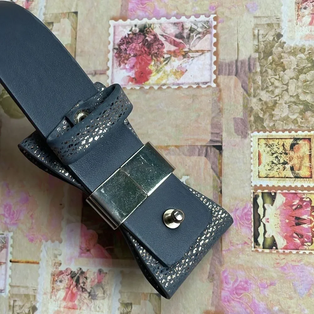 H &M Faux Leather Snake Skin Gray Gold Glitter Bow Belt #725950